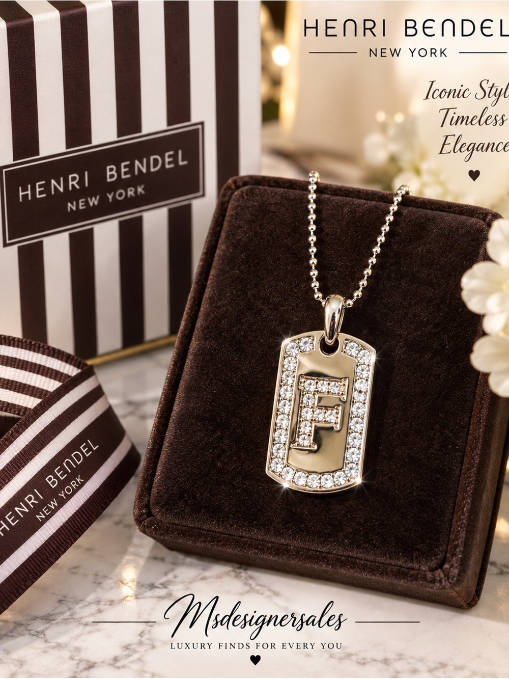 henri bendel Gold and Clear Crystal 'F' Initial Pendant Necklace